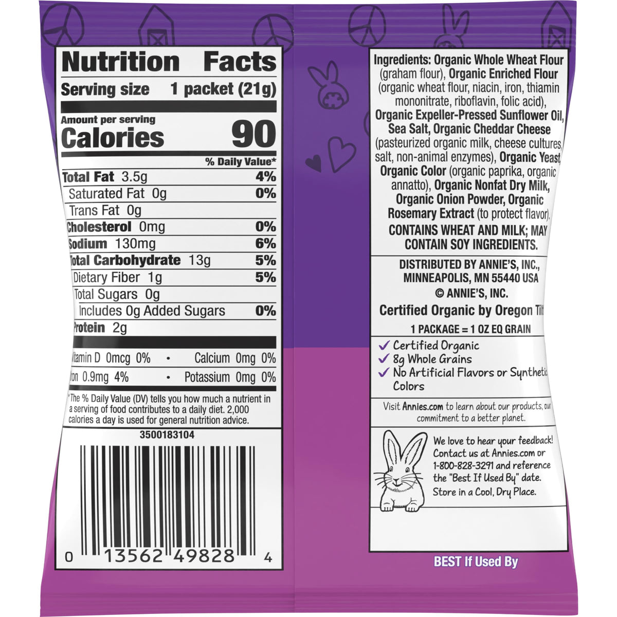 Label highlights organic ingredients in Annie's cheddar bunny crackers.