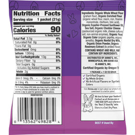 Label highlights organic ingredients in Annie's cheddar bunny crackers.