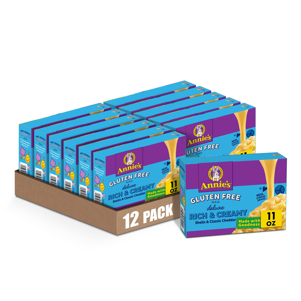 Annie's Deluxe Gluten Free Shells box front emphasizes gluten-free family appeal.