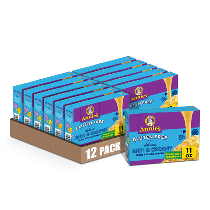 Annie's Deluxe Gluten Free Shells box front emphasizes gluten-free family appeal.