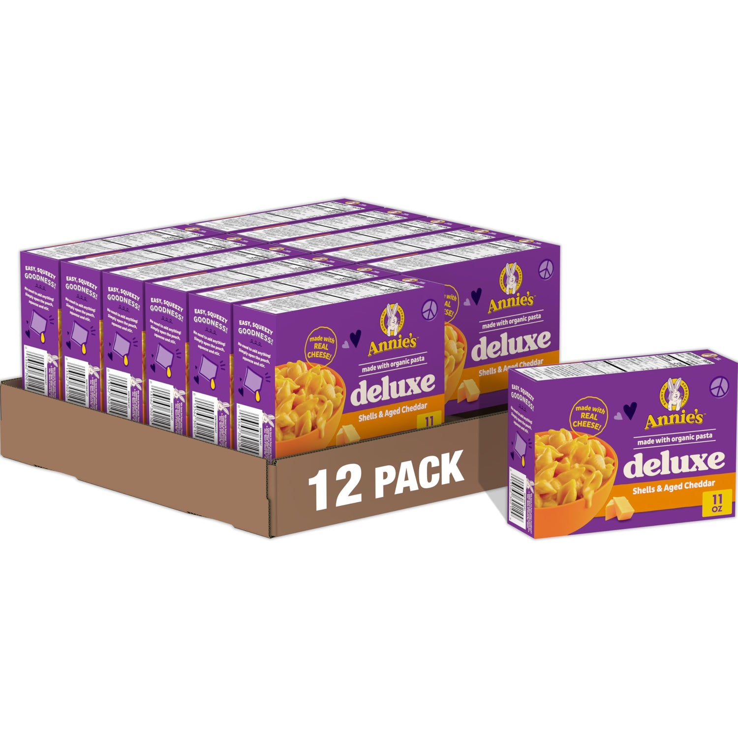Annie's Deluxe Shells and Aged Cheddar box front, ideal for quick weeknight dinners.