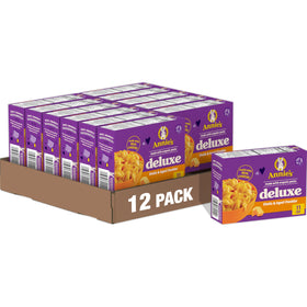 Annie's Deluxe Shells and Aged Cheddar box front, ideal for quick weeknight dinners.