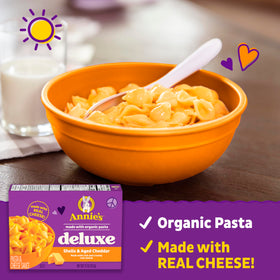Plate with Annie's Deluxe Shells and creamy aged cheddar sauce, ready in minutes.