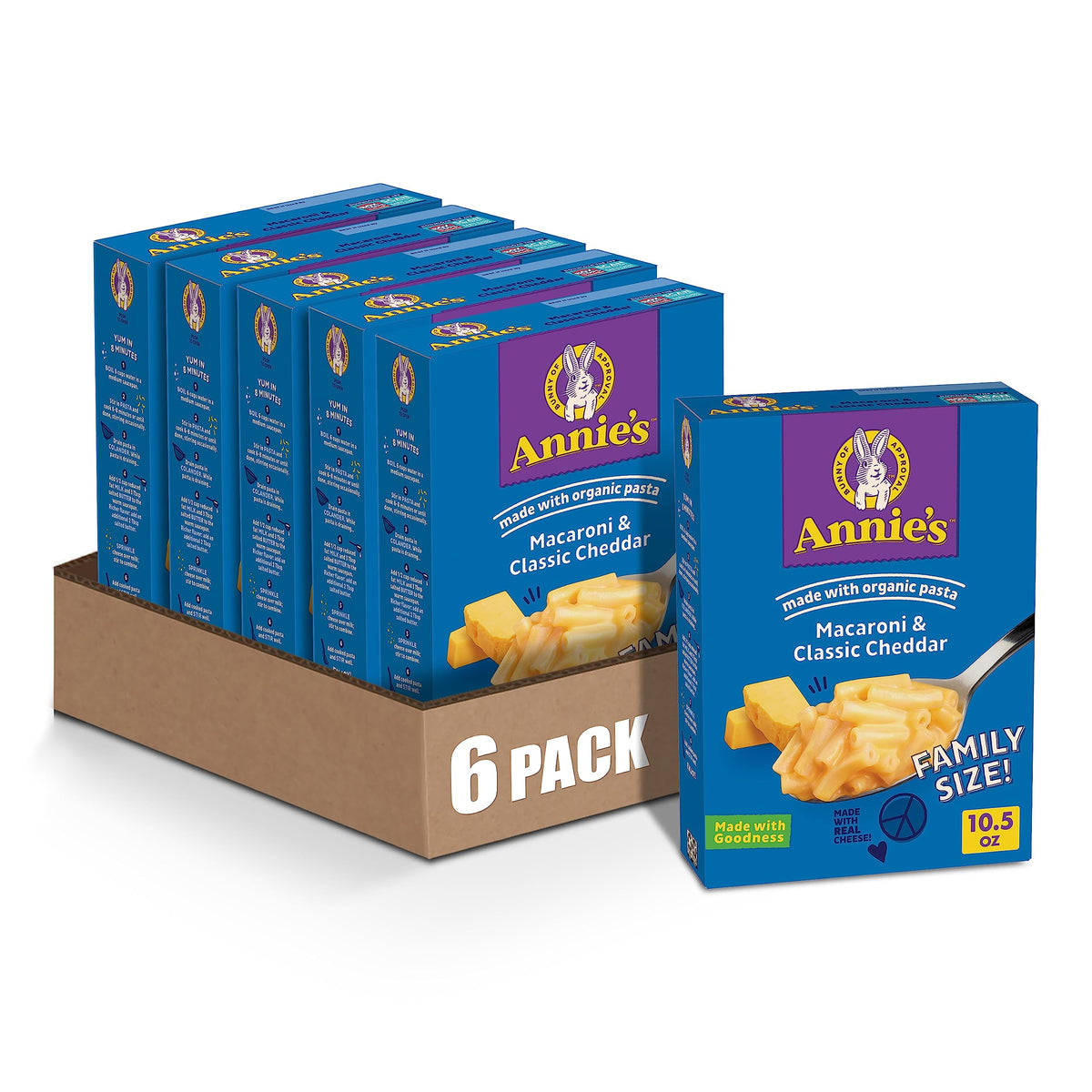Annie's Macaroni and Classic Cheddar box front, quick family meal option.
