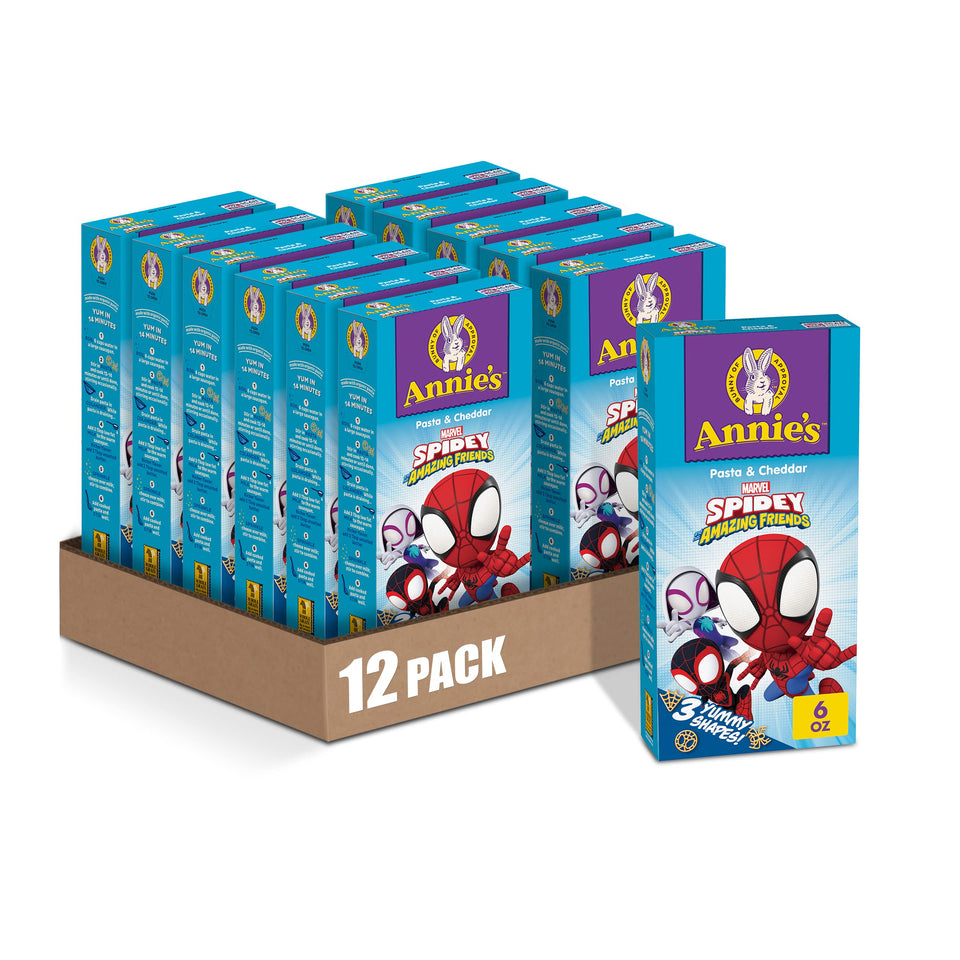 Annie's Marvel Spidey pasta box front showing organic pasta and real cheese.