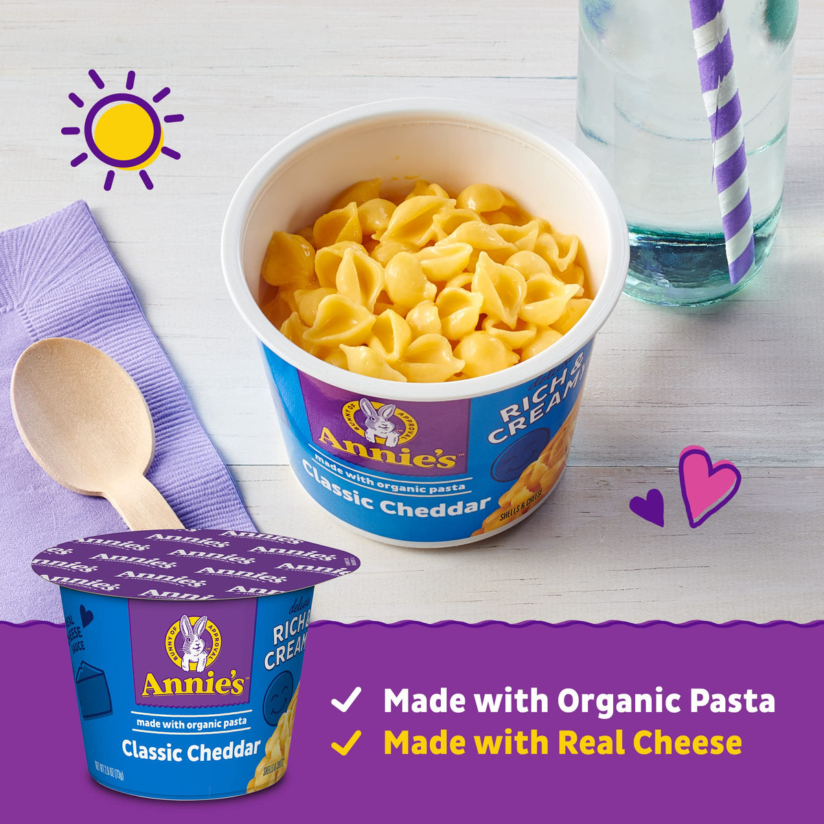 Annie's Deluxe Mac and Cheese in a steaming cup, ready-to-eat comfort.