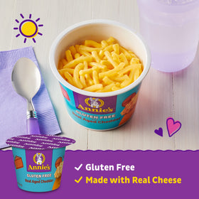 Annie's microwave-ready mac and cheese cup with lid off, quick lunch idea