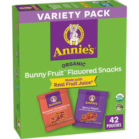 Annie's Organic Bunny Fruit Snacks Summer Strawberry pouch ready for lunchboxes and on-the-go snacking.
