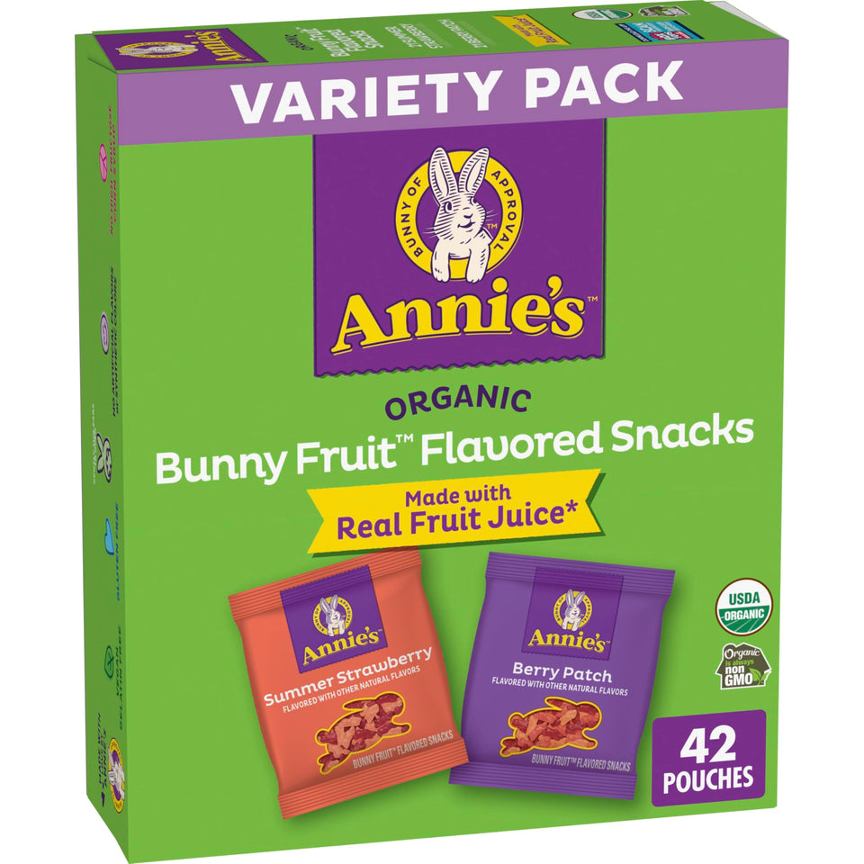 Annie's Organic Bunny Fruit Snacks Summer Strawberry pouch ready for lunchboxes and on-the-go snacking.