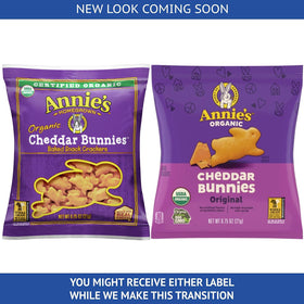 Close-up of Annie's baked cheddar bunny crackers for a light, crispy bite.
