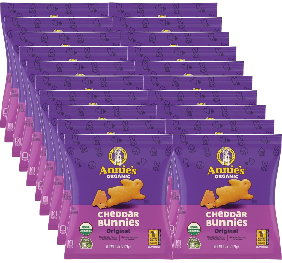 Annie's Organic Cheddar Bunny Crackers pack of 20 bags for easy snacking.