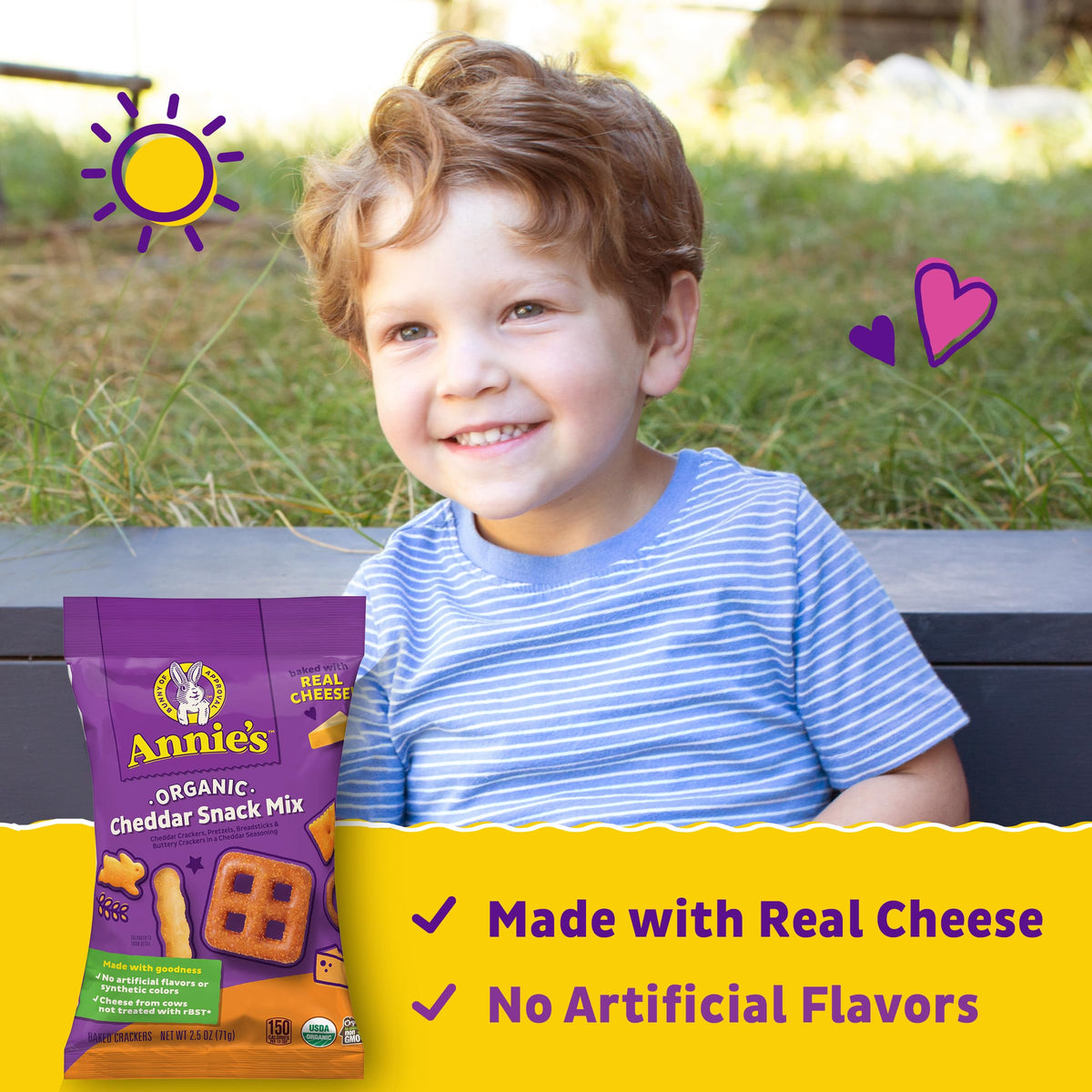 Annie's Organic Cheddar Snack Mix cheddar seasoning dust on crackers.