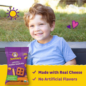 Annie's Organic Cheddar Snack Mix cheddar seasoning dust on crackers.