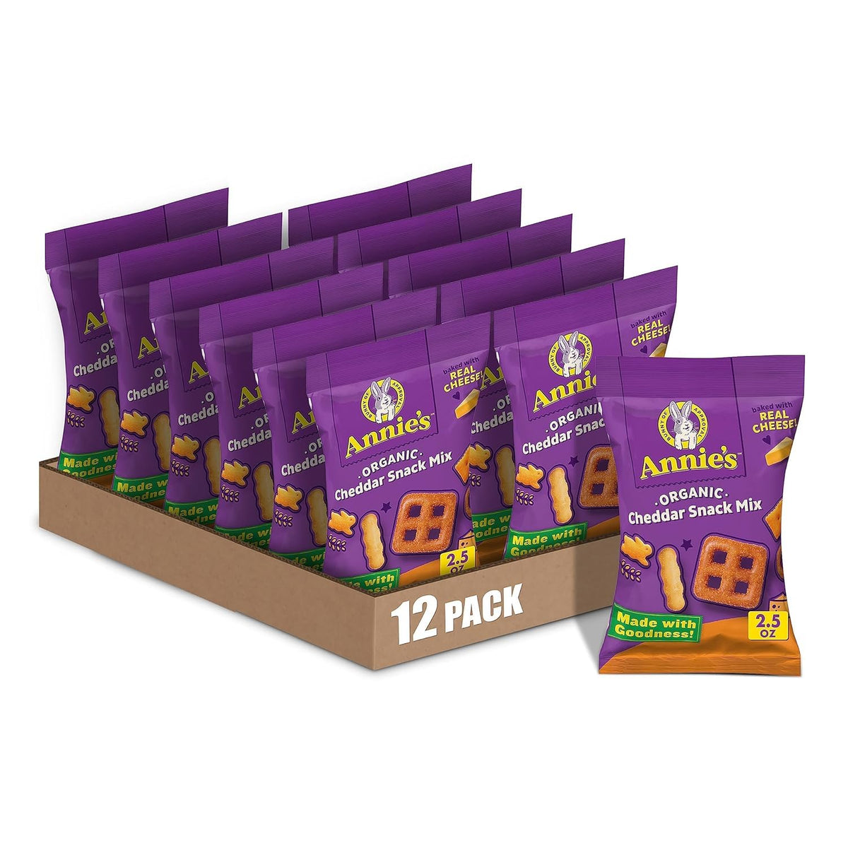 Annie's Organic Cheddar Snack Mix pack of 12 bags for easy on-the-go snacking.