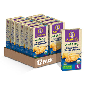 Annie's Organic Macaroni and Classic Cheddar box front, indicating family-friendly convenience.