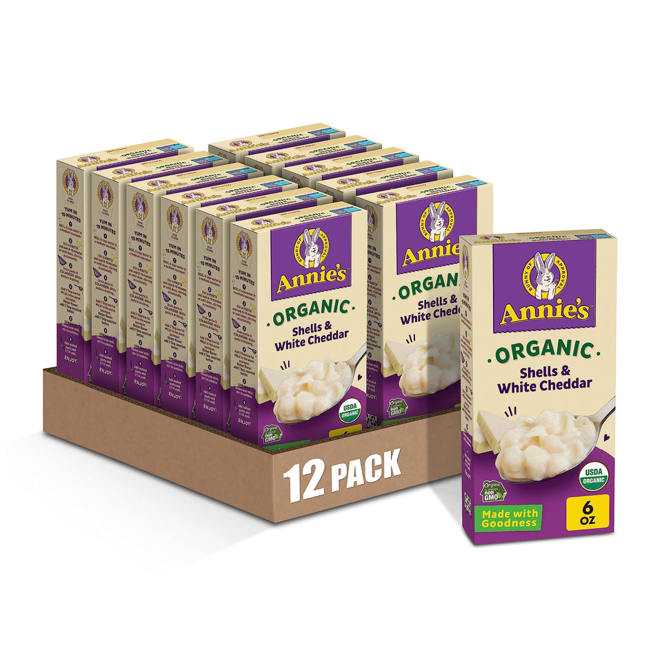 Annie's Organic Shells and White Cheddar dry pasta ready for quick weeknight dinners.