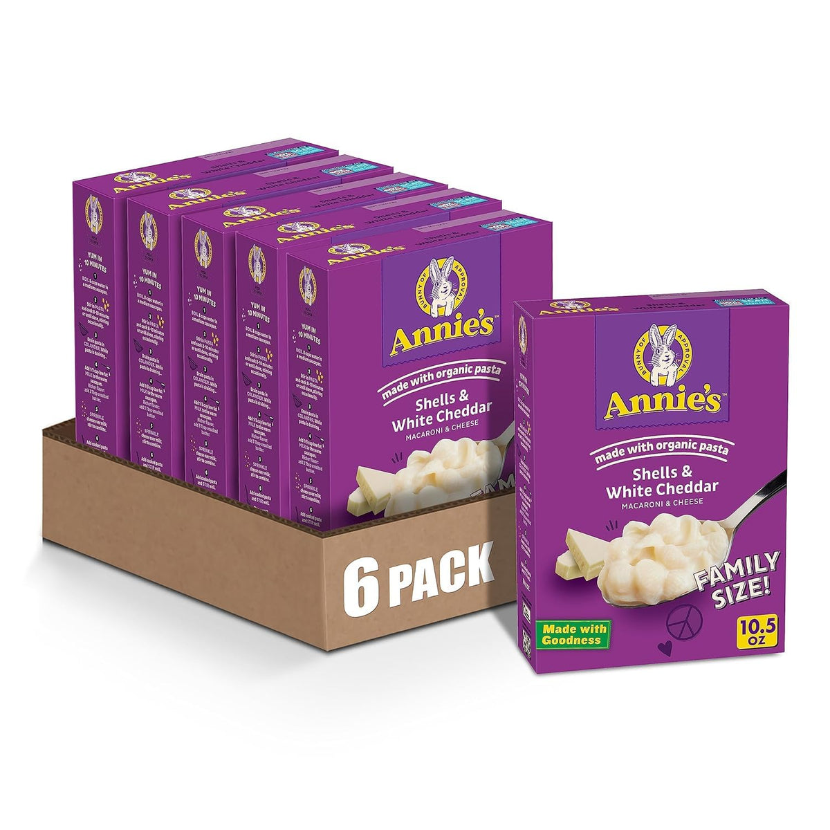 Annie's Shells and White Cheddar family-size pack front showing a quick dinner option