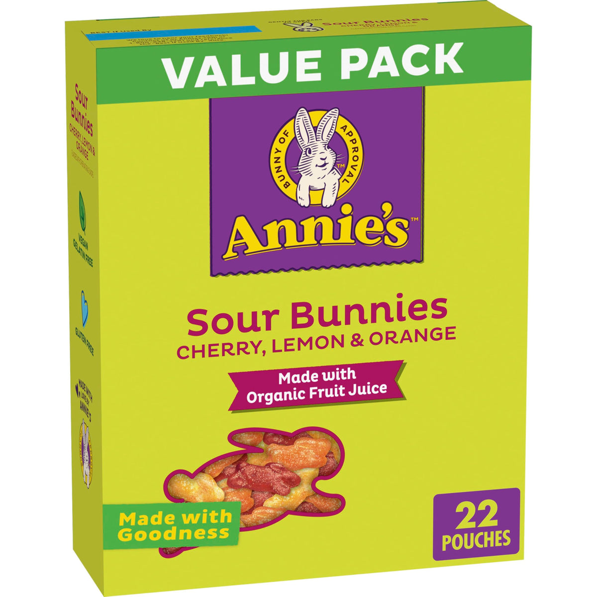 Annie's Sour Bunnies bunny-shaped gummies for a fun, kid-friendly lunchbox treat.
