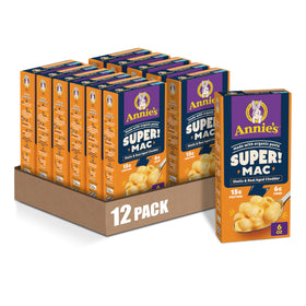 Annie's Super Mac Shells pack showing organic pasta and cheddar flavor for family meals