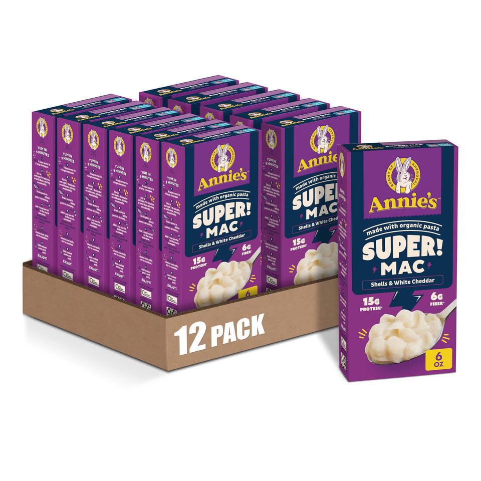 Annie's Super! Mac shells with organic pasta in a bowl, protein-rich kid-friendly dinner.