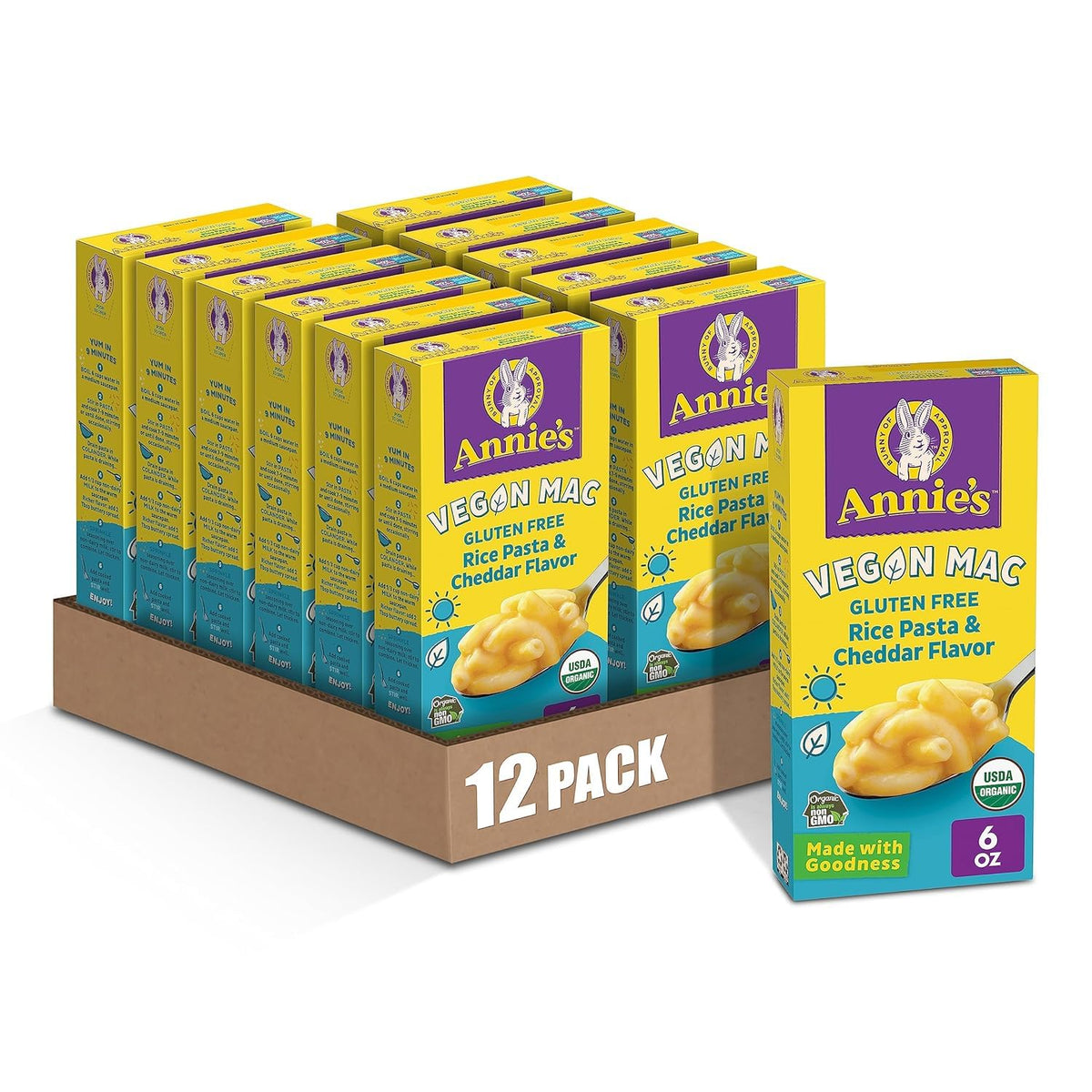 Annie's Vegan Mac box front highlights gluten-free, organic ingredients for a family dinner.