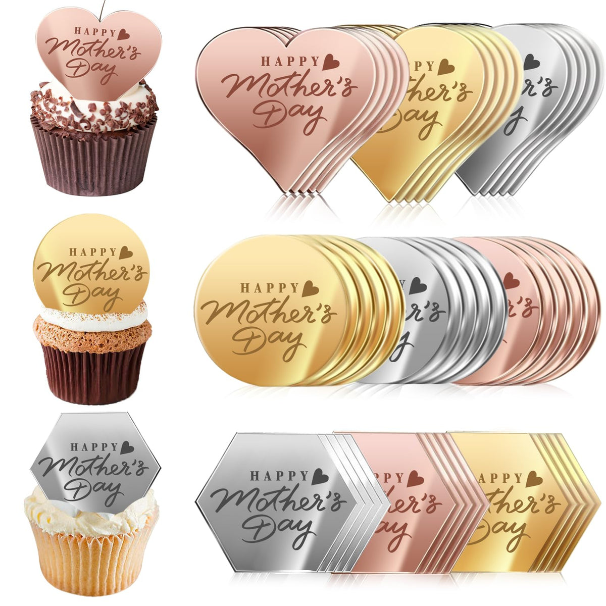 Ansee Happy Mother's Day topper with gold hearts adds elegant shine to cakes.