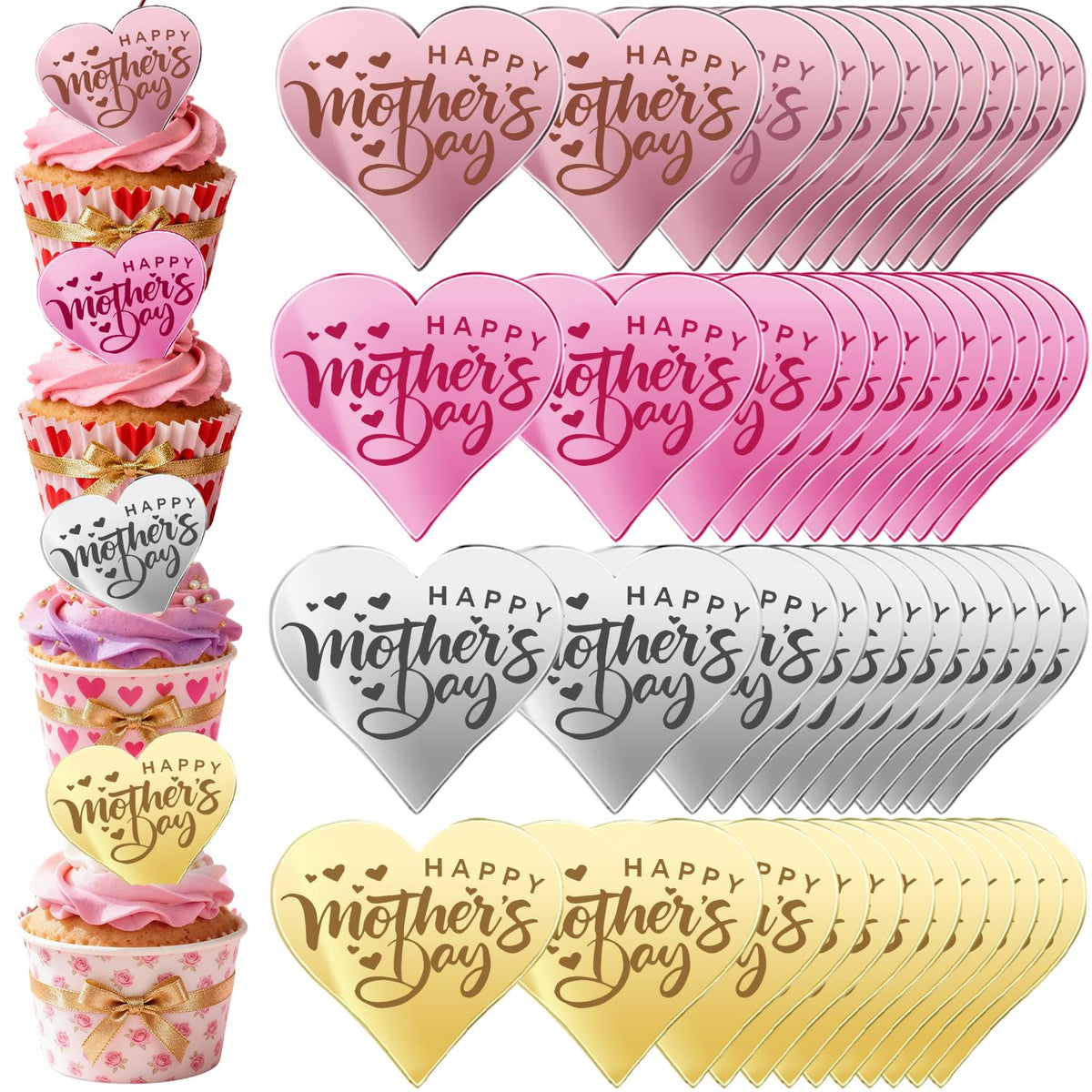 Ansee gold mirror acrylic cupcake topper for elegant Mother's Day desserts.