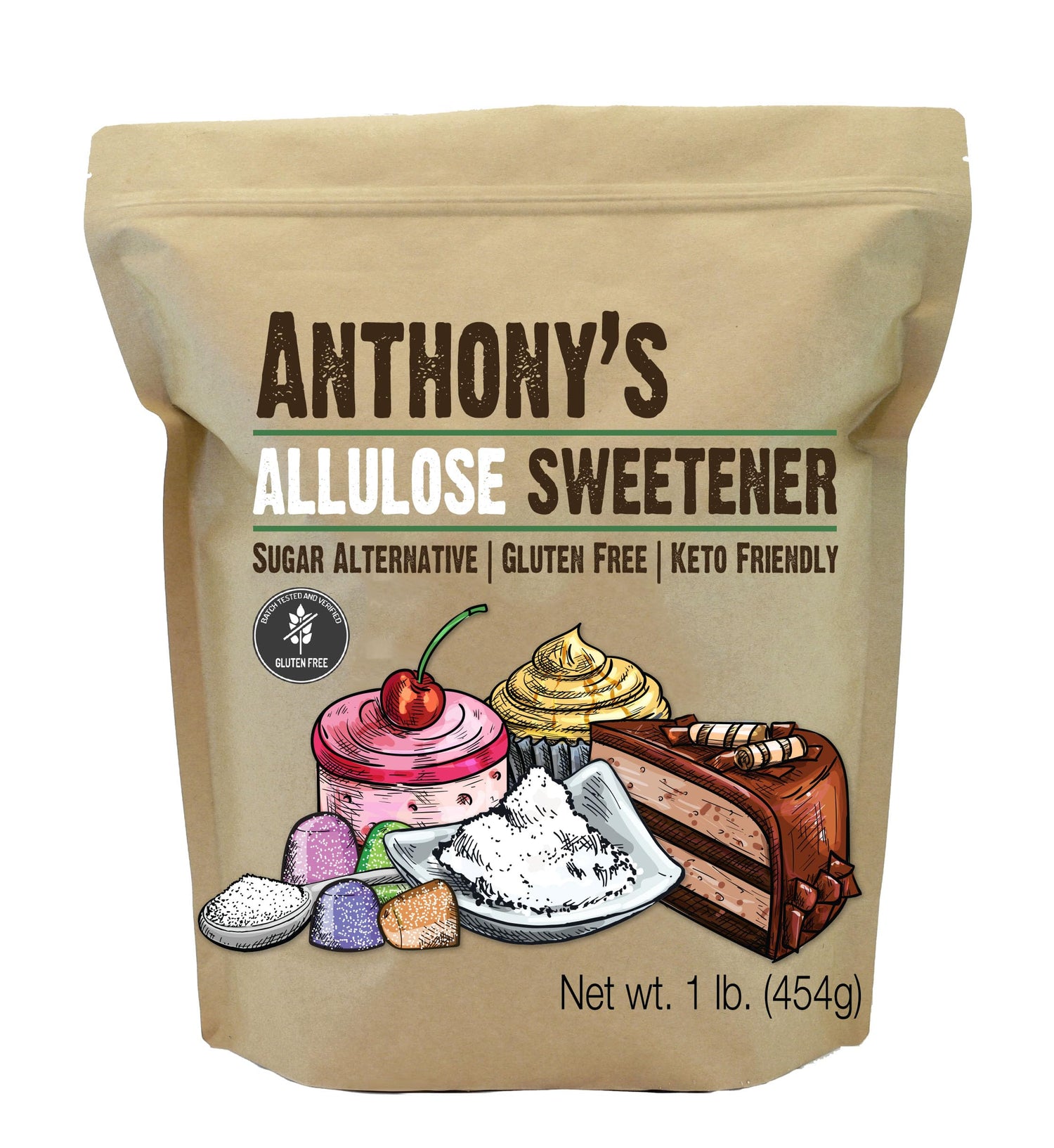 Anthony's Allulose bottle pour demonstrates zero net carbs for keto-friendly sweetness.