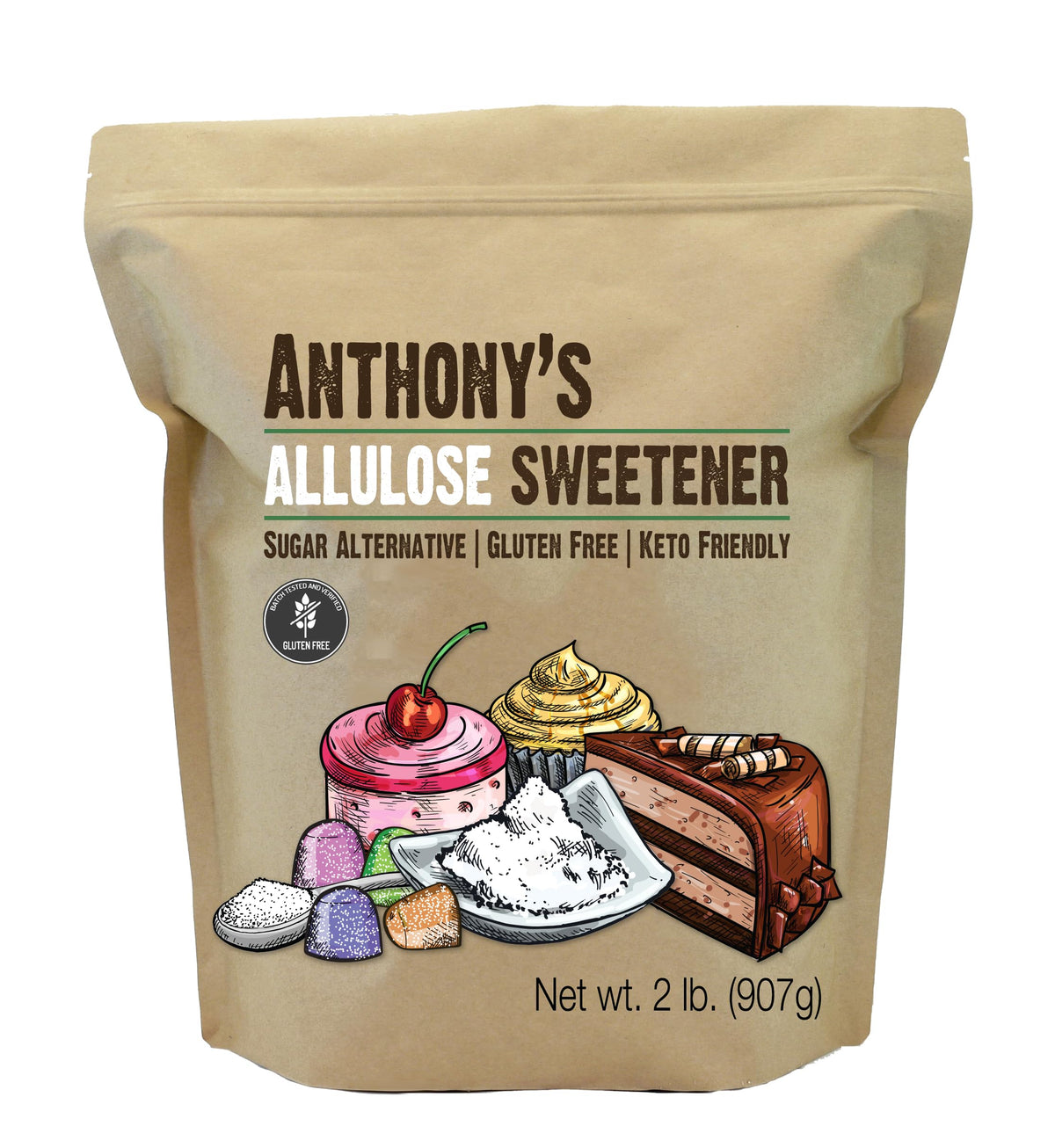 Anthony's Allulose Sweetener 2lb packaging shows gluten-free, batch-tested status for confident shopping.
