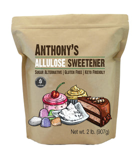 Anthony's Allulose Sweetener 2lb packaging shows gluten-free, batch-tested status for confident shopping.
