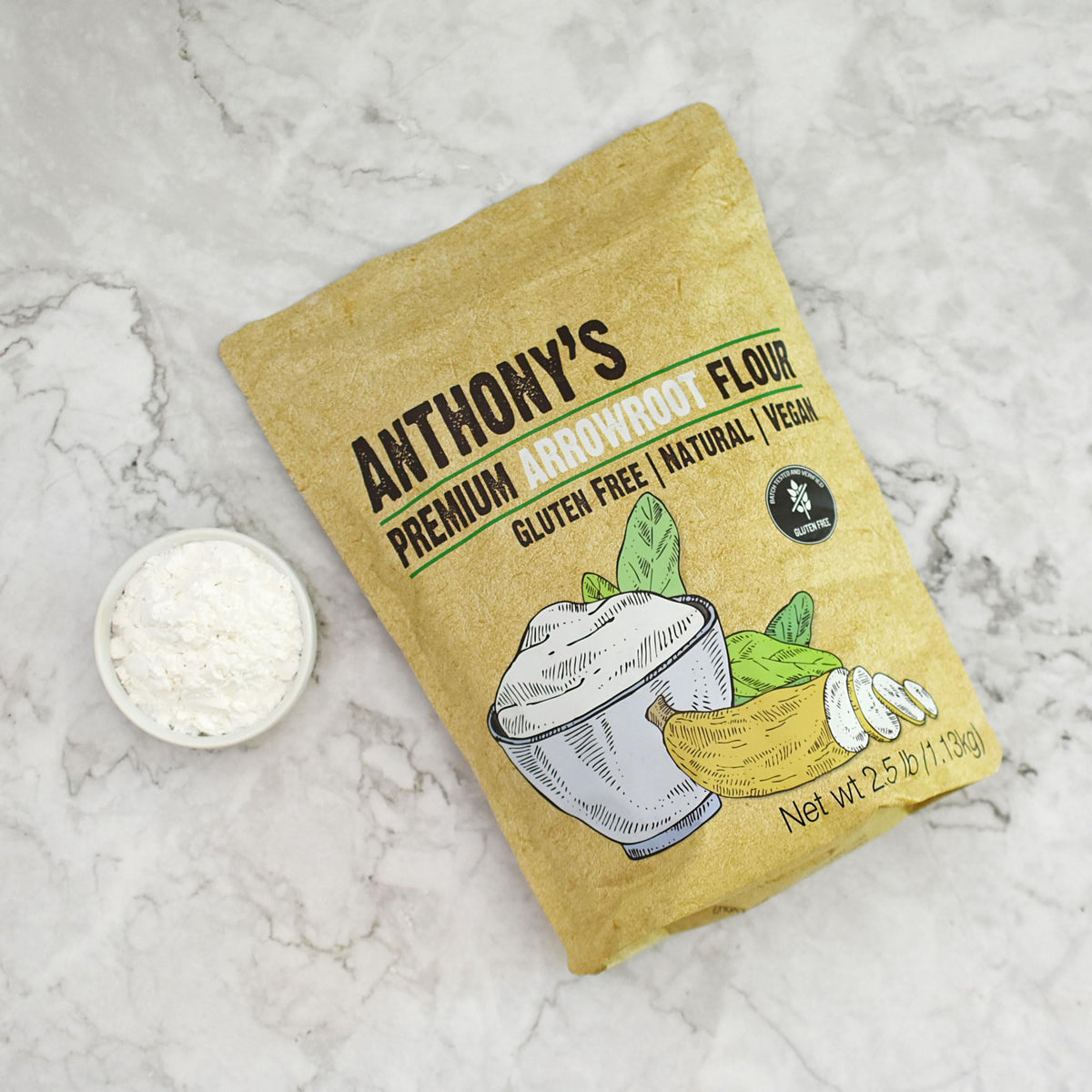 Anthony's arrowroot flour powder packaging with nutrition label.