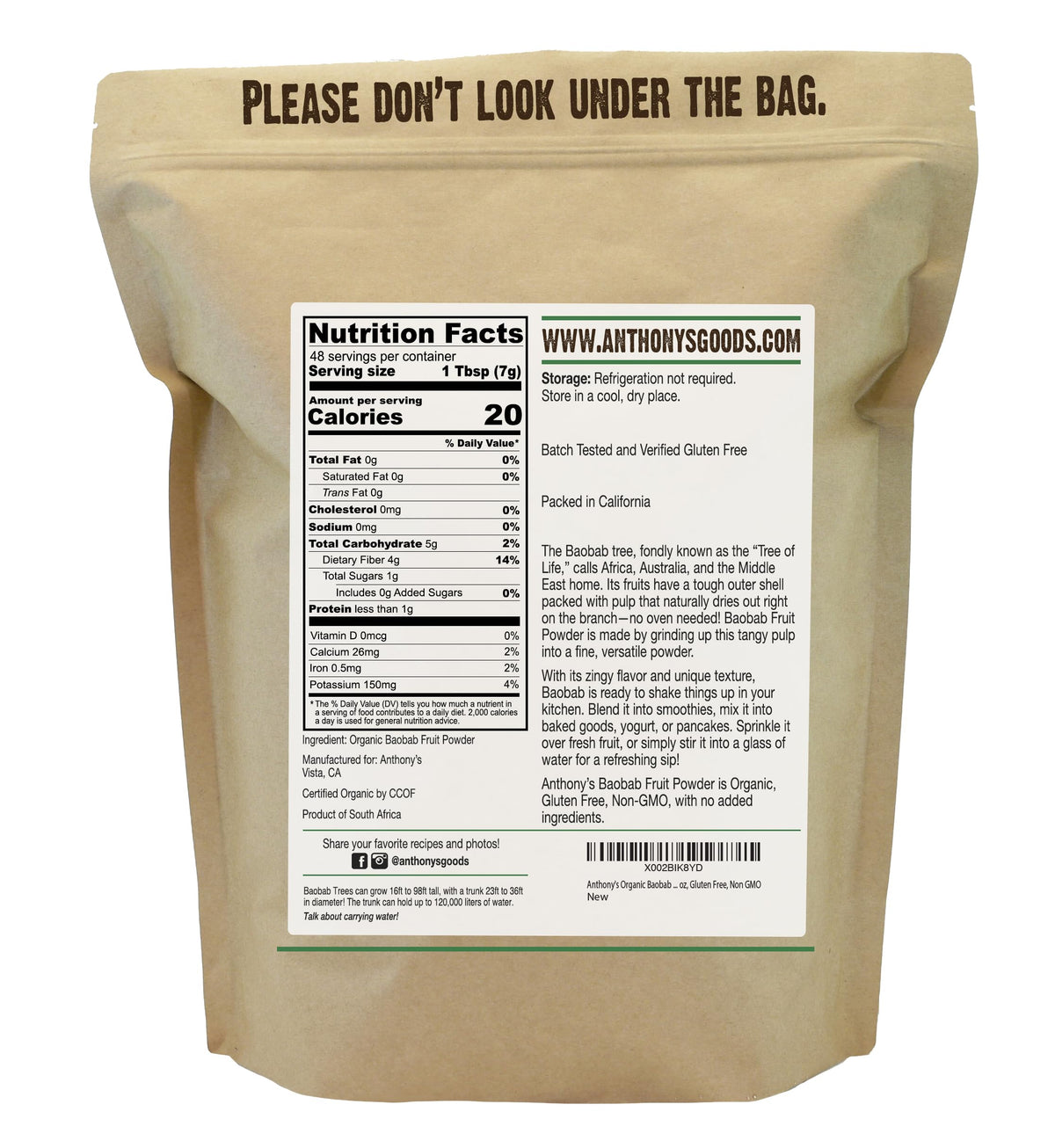 Anthony's Baobab powder can opening highlights gluten-free, non-GMO ingredients for quick snacks.