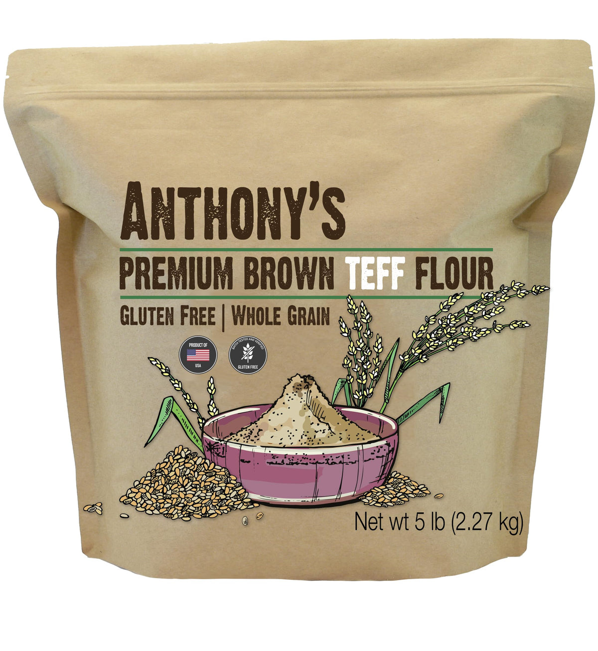 Anthony's Brown Teff Flour bag, gluten-free baking staple for home cooks.