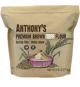 Anthony's Brown Teff Flour bag, gluten-free baking staple for home cooks.