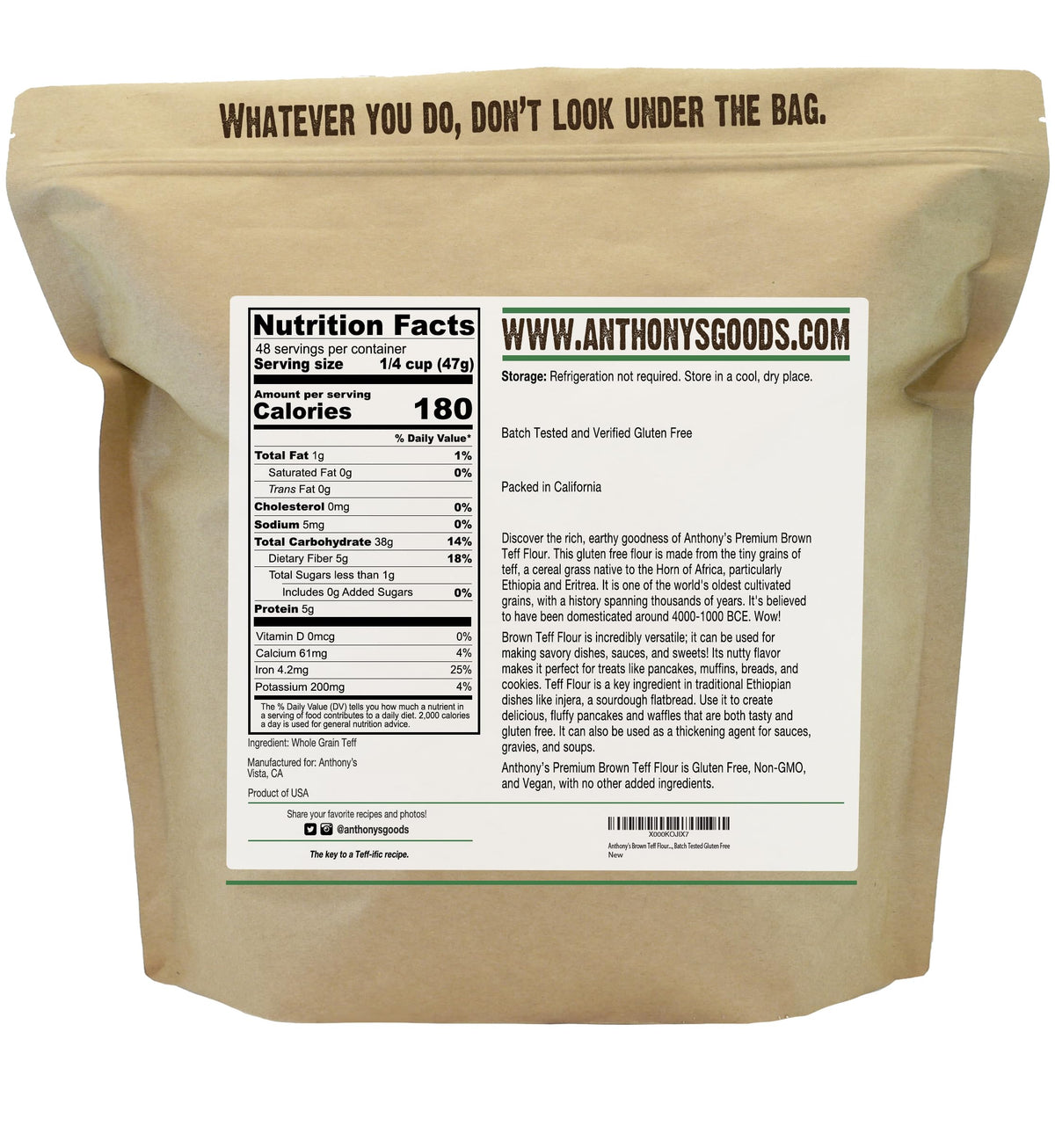 Close-up of Anthony's Brown Teff Flour texture, highlighting nutty aroma.