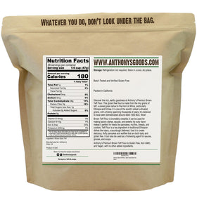 Close-up of Anthony's Brown Teff Flour texture, highlighting nutty aroma.
