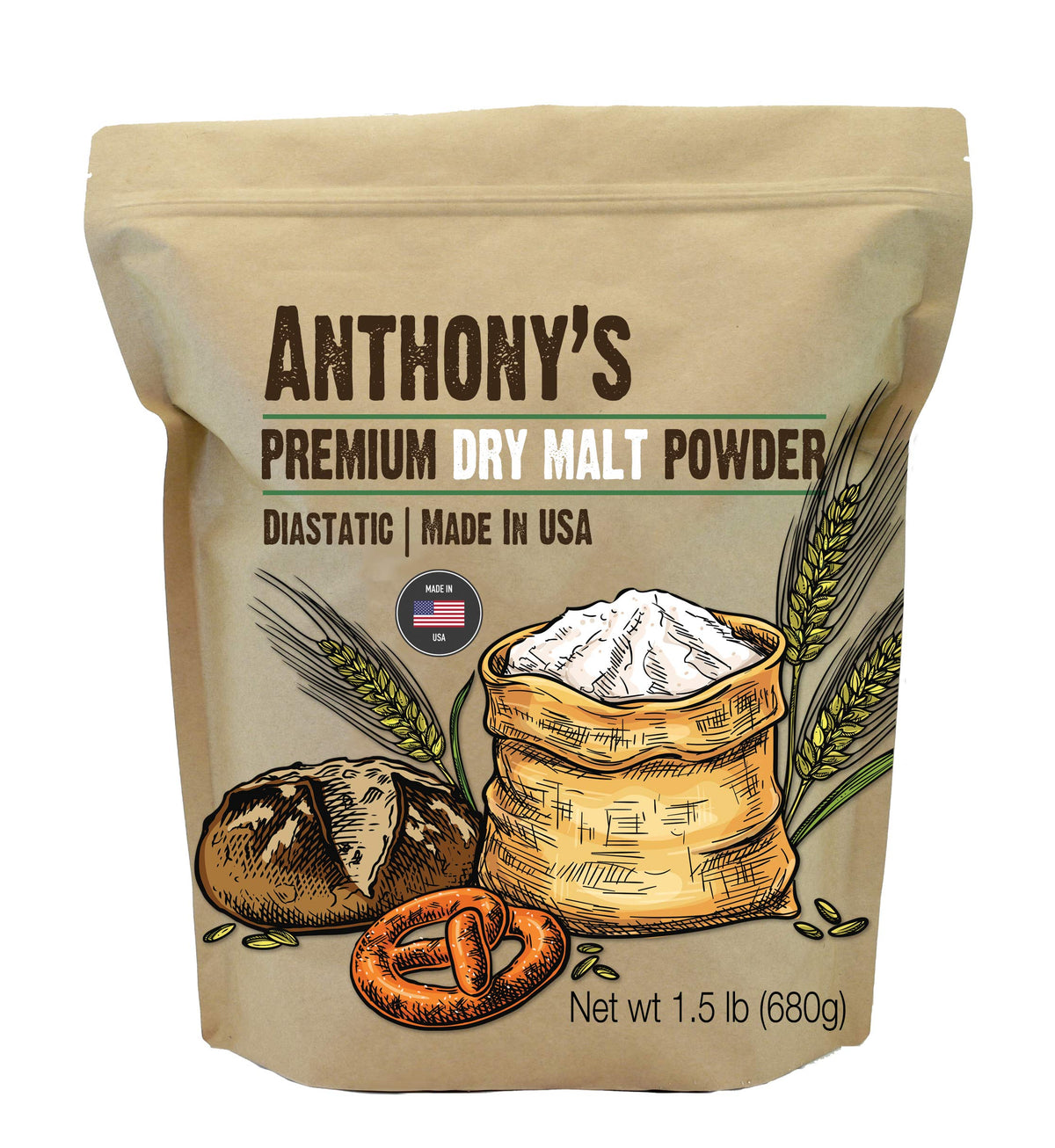 Anthony's Diastatic Dry Malt Powder bottle for baking, enhancing flavor and crust color.