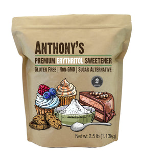 Anthony's erythritol granules bag front, a versatile sugar substitute for baking and beverages.