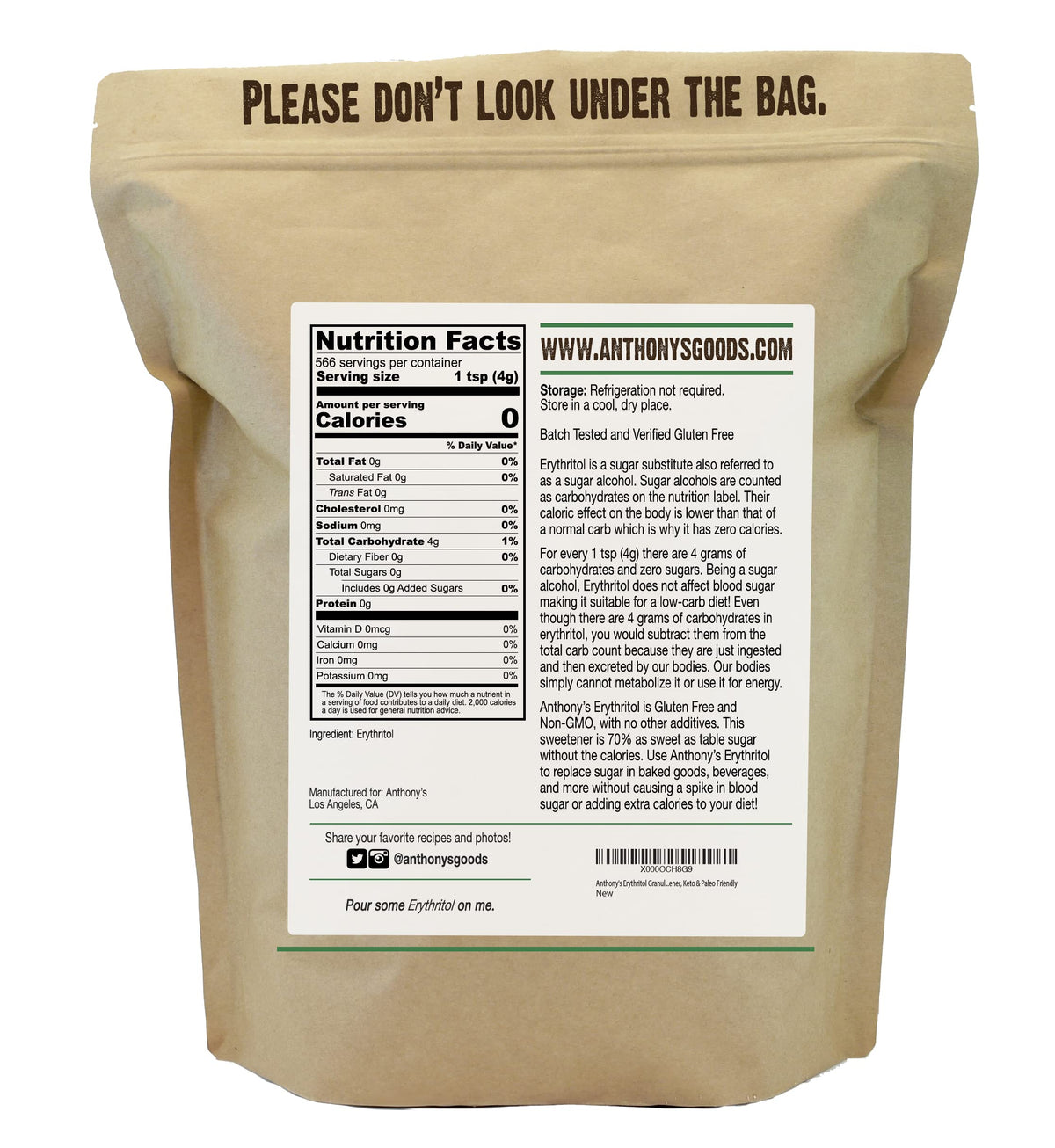Anthony's Erythritol granules with a measuring scoop, perfect for low-sugar beverages.