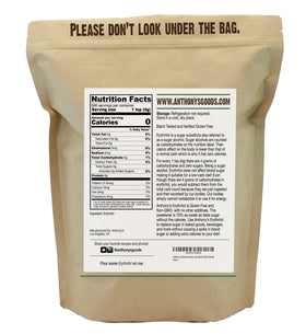 Anthony's Erythritol granules with a measuring scoop, perfect for low-sugar beverages.
