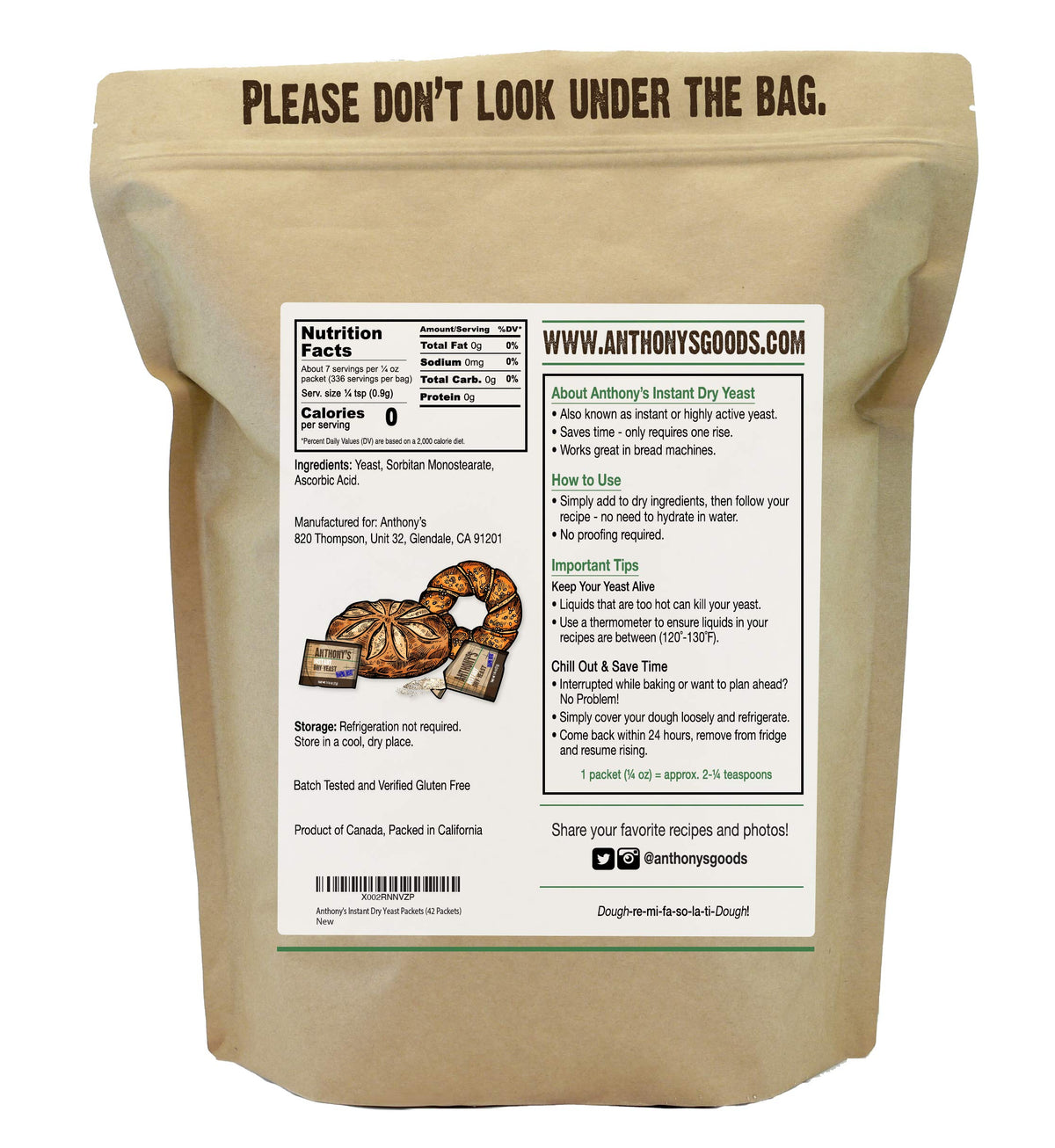 Anthony's gluten-free dry yeast packaging label showing gluten-free assurance for safe baking.