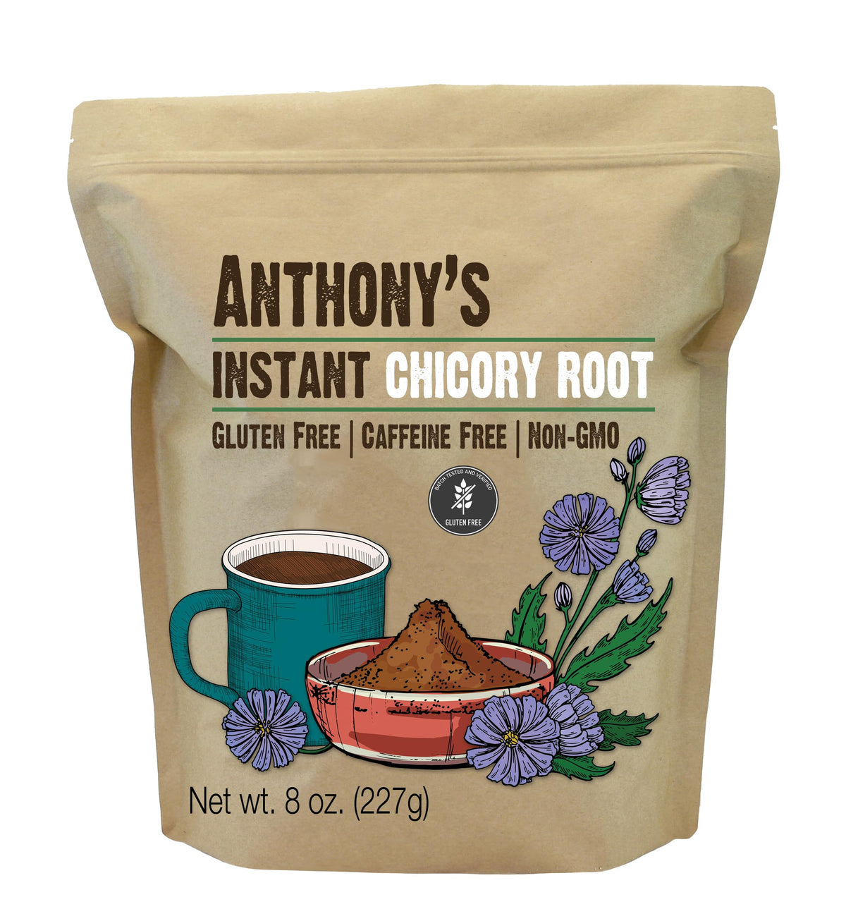 Anthony's Instant Chicory Root Powder bag ready for quick, easy stirring.