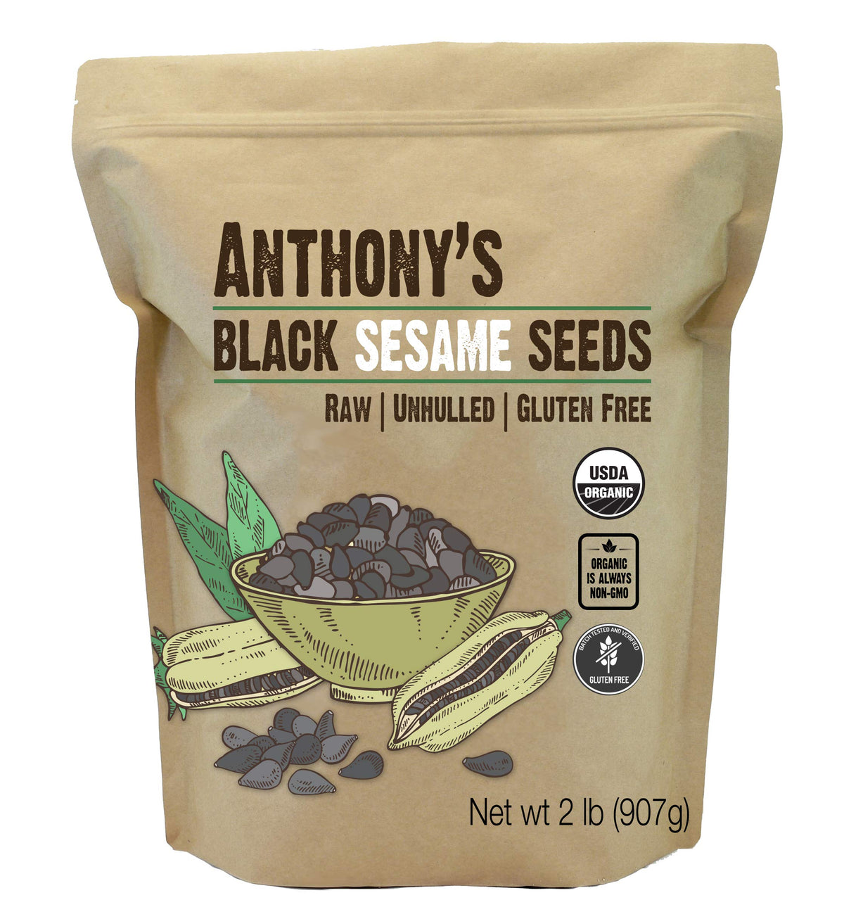 Anthony's Organic Black Sesame Seeds bag front, ideal for adding nutty flavor to bowls.