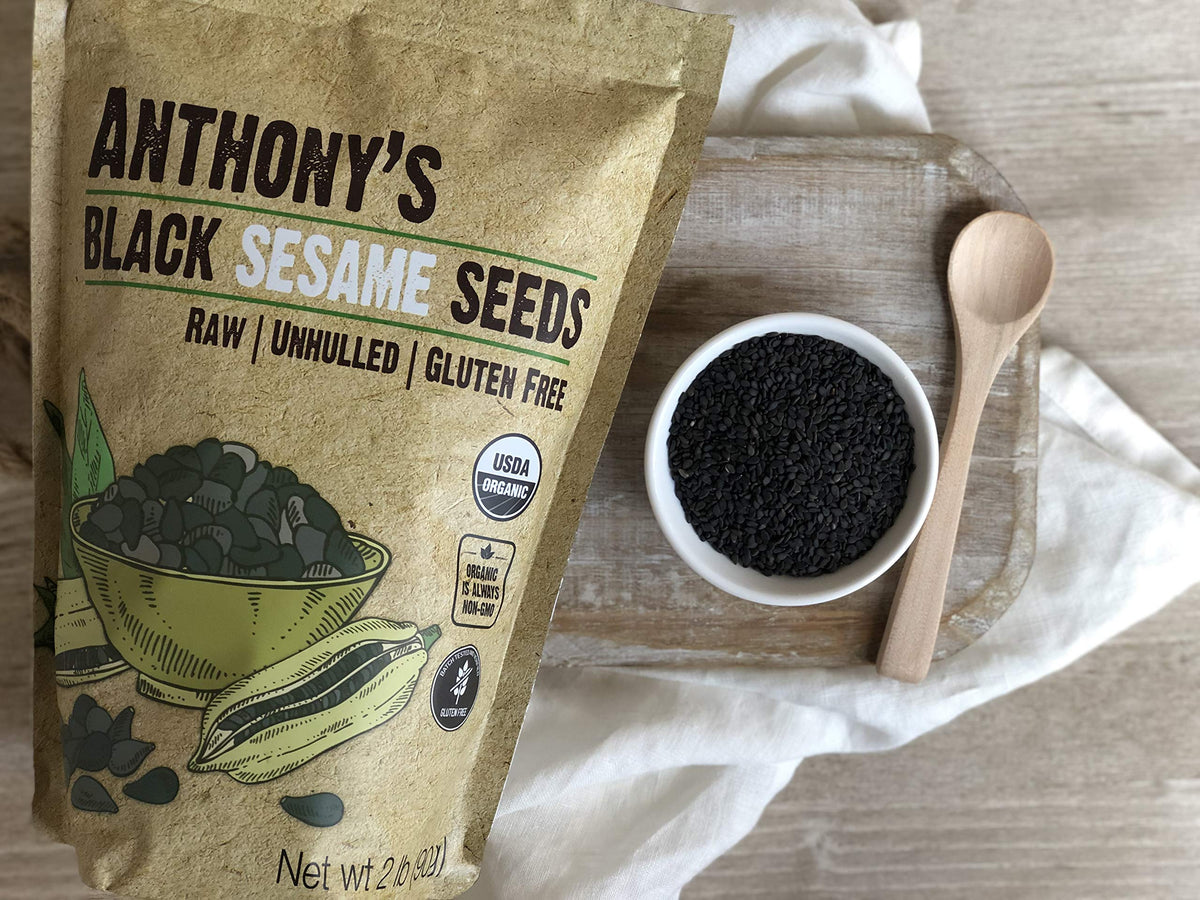 Anthony's Organic Black Sesame Seeds salad bowl, vibrant garnish for Asian-inspired dishes.