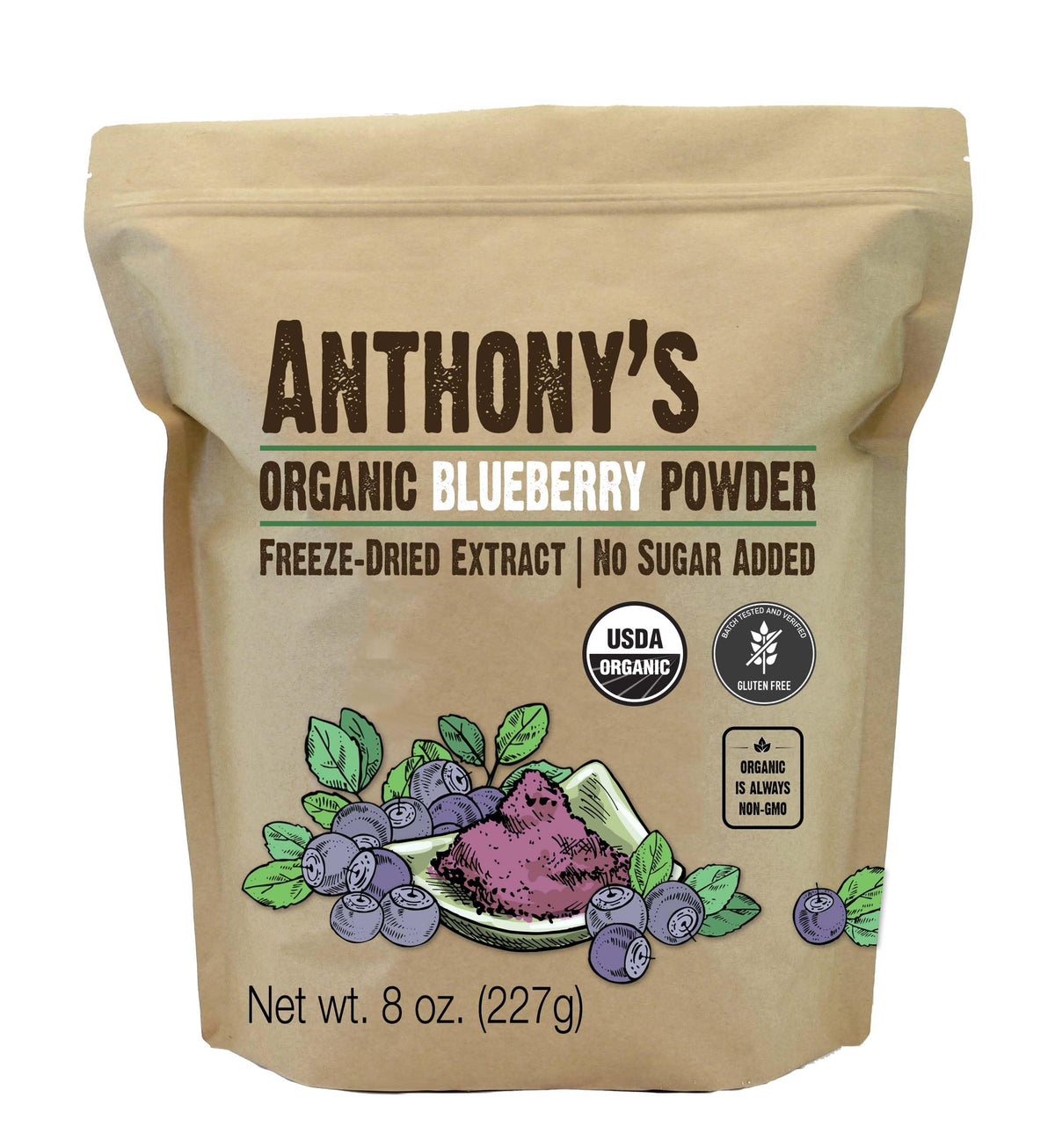 Anthony's Organic Blueberry Powder bottle with vibrant berries for smoothies