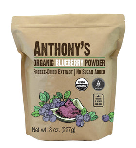 Anthony's Organic Blueberry Powder bottle with vibrant berries for smoothies