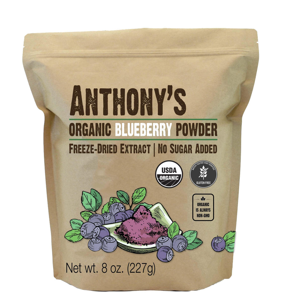 Anthony's Organic Blueberry Powder bottle with vibrant berries for smoothies