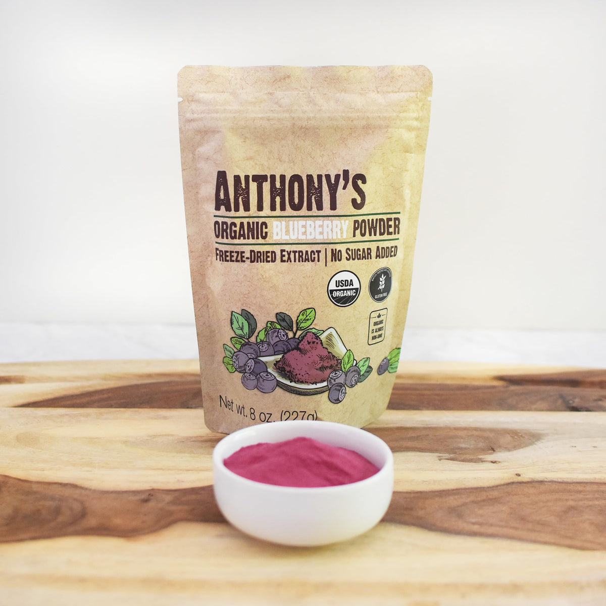 Anthony's Organic Blueberry Powder packaging showing gluten-free, non-GMO credentials