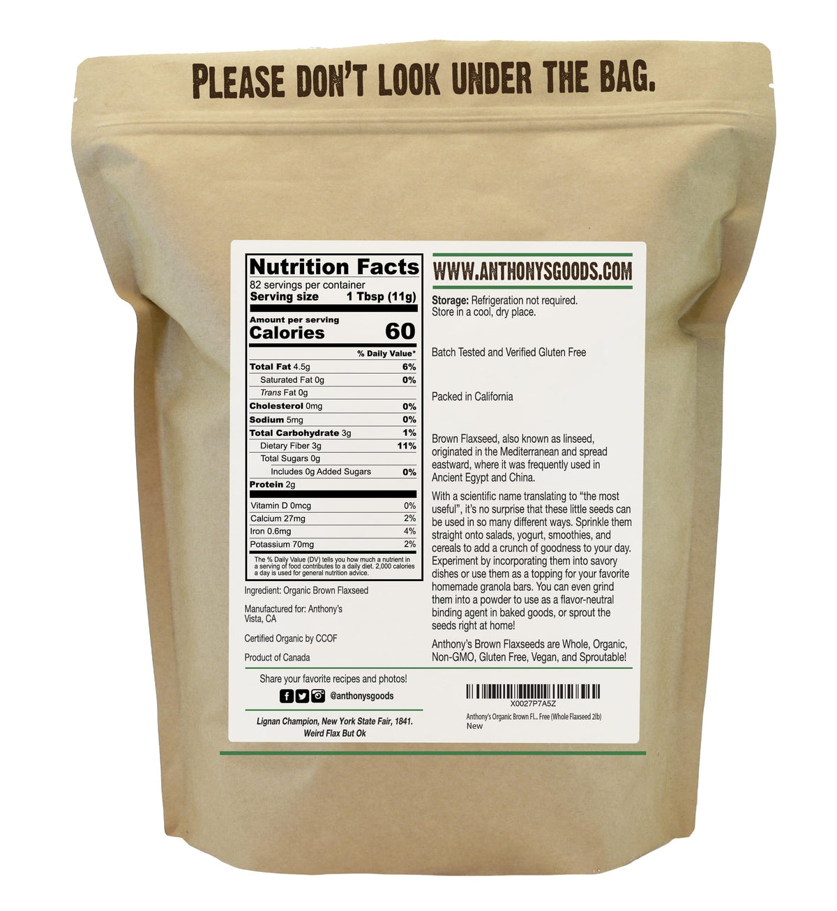 Anthony's Organic Brown Flaxseed label packet ideal for pantry storage