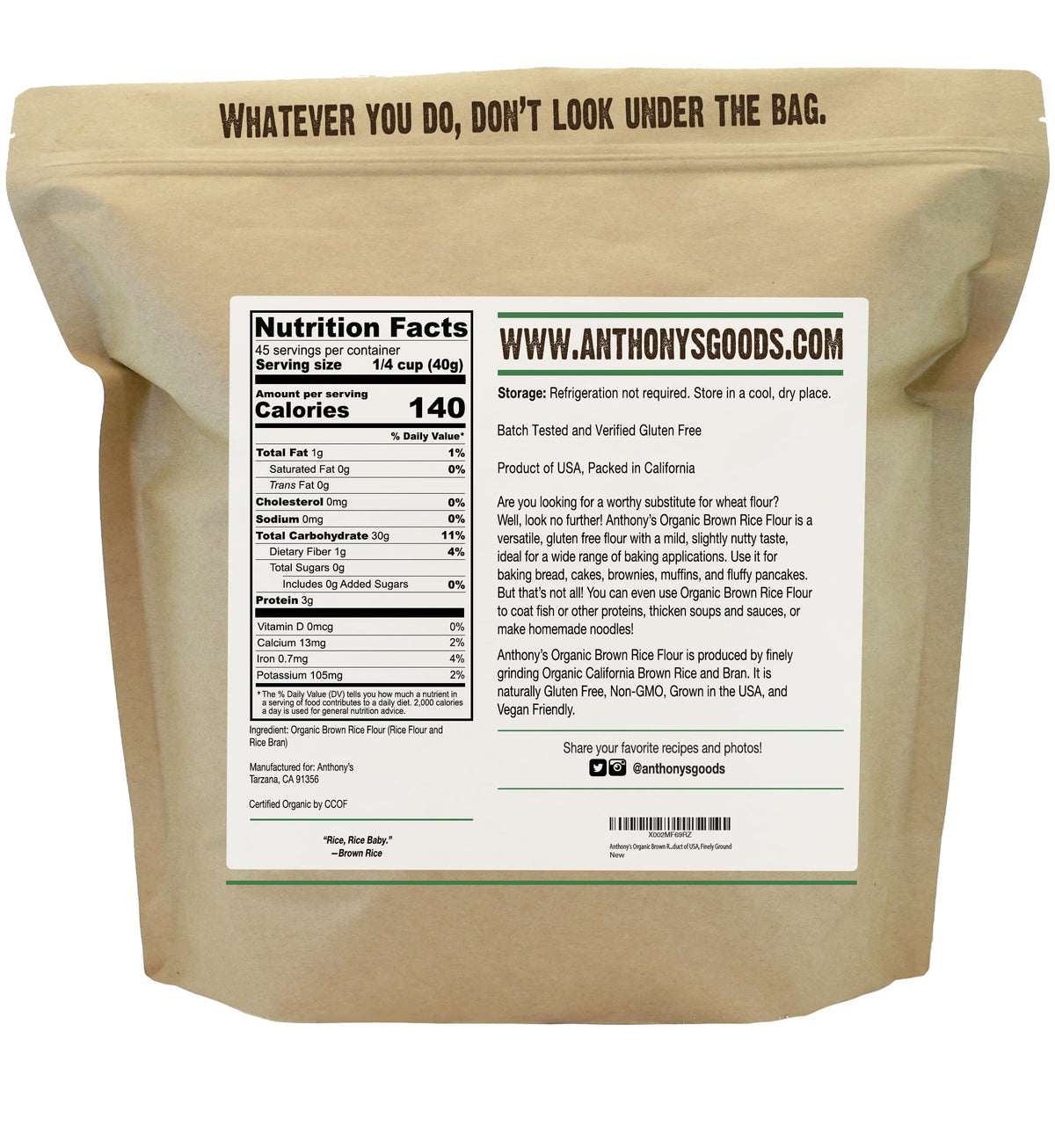 Anthony's Organic Brown Rice Flour close-up, finely ground texture.
